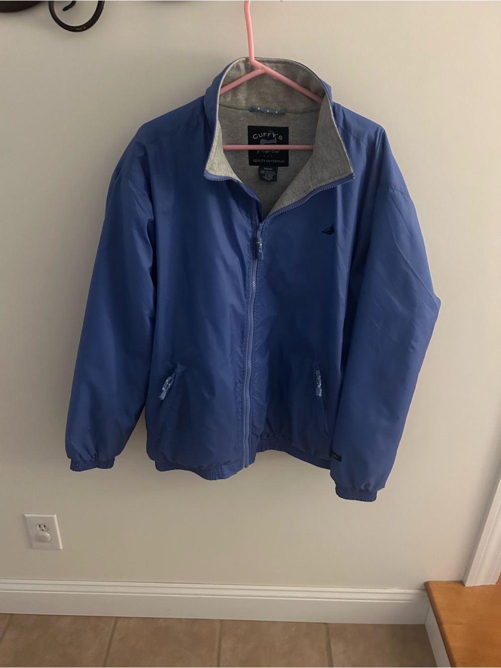 Men's Blue Windbreaker Jacket with Fleece Collar